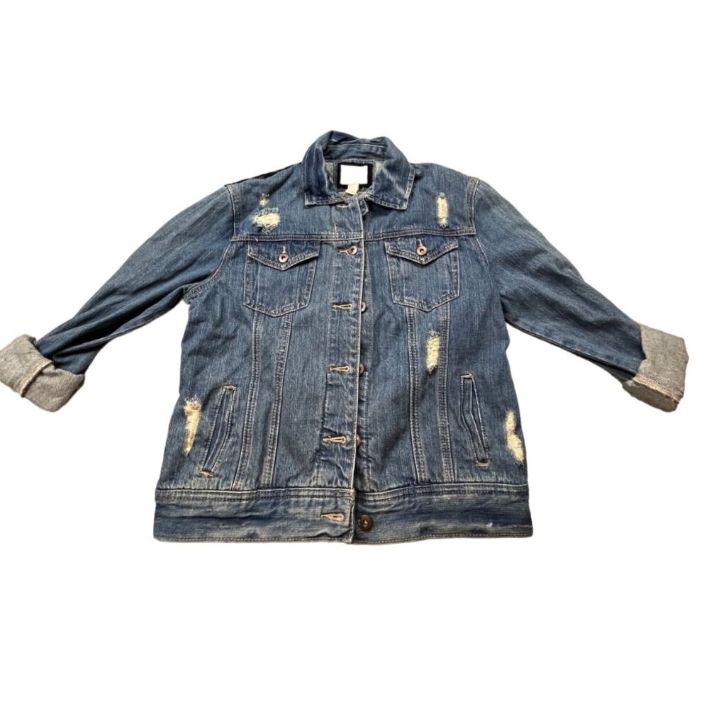 Forever 21 Denim Jacket Women Medium Jean Coat Black Lace Back Trucker Boho Y2K